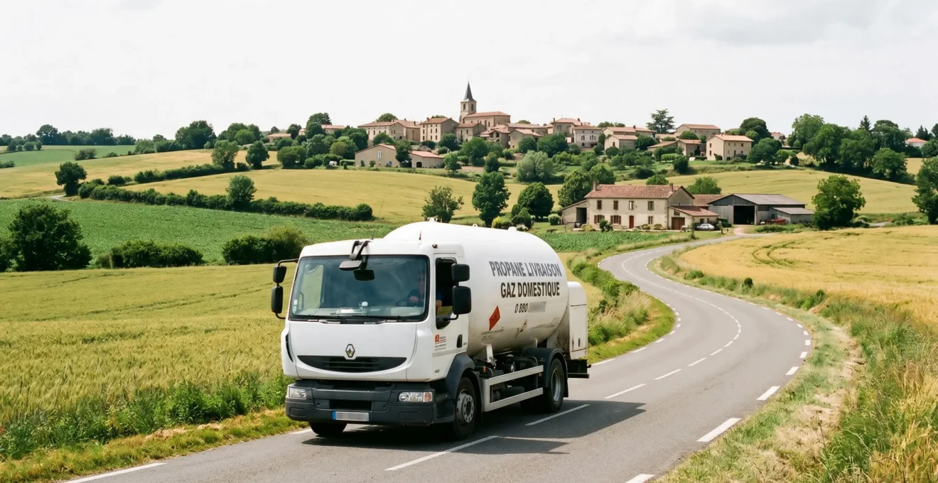 Camion-citerne de livraison de GPL circulant sur une route de campagne française pour approvisionner des zones rurales non raccordées au réseau de gaz naturel