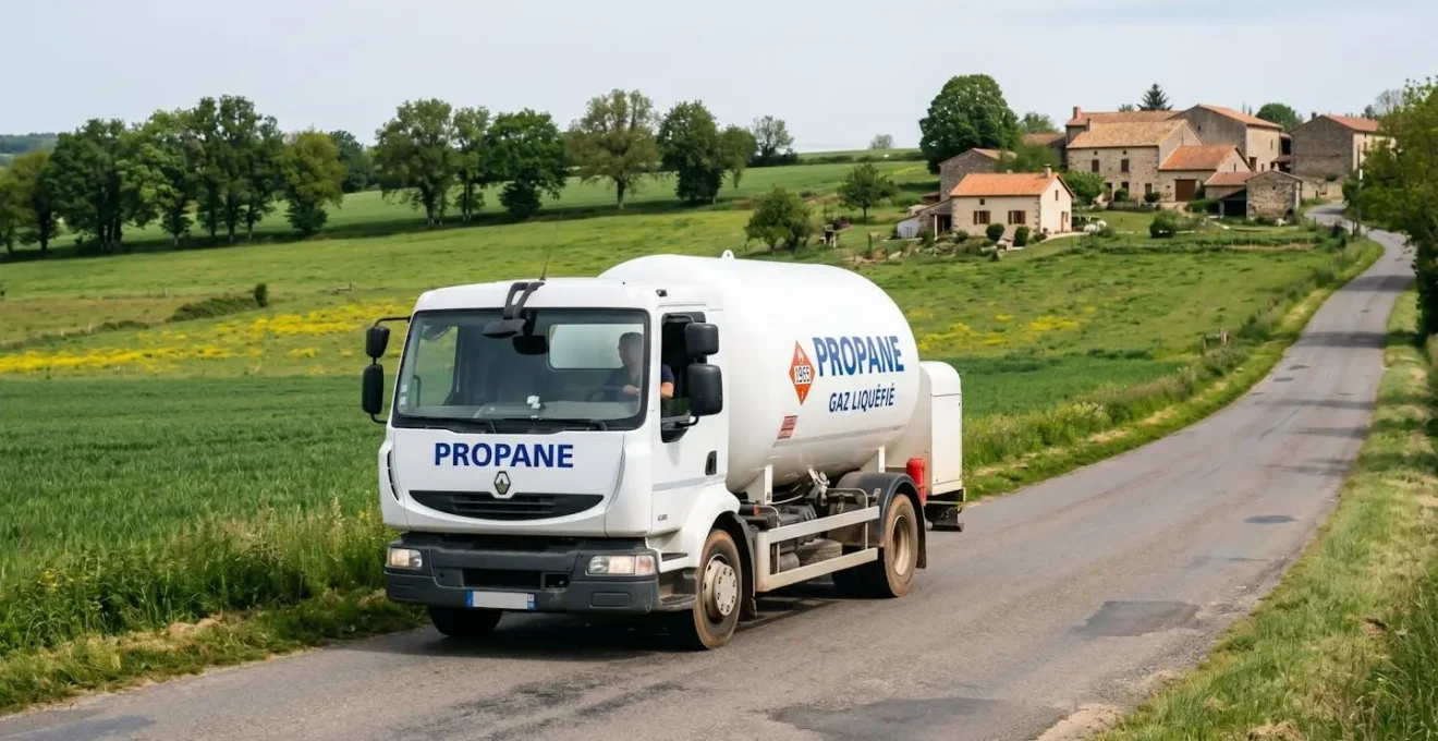 Camion-citerne de livraison de GPL circulant sur une route de campagne française pour approvisionner des zones rurales non raccordées au réseau de gaz naturel