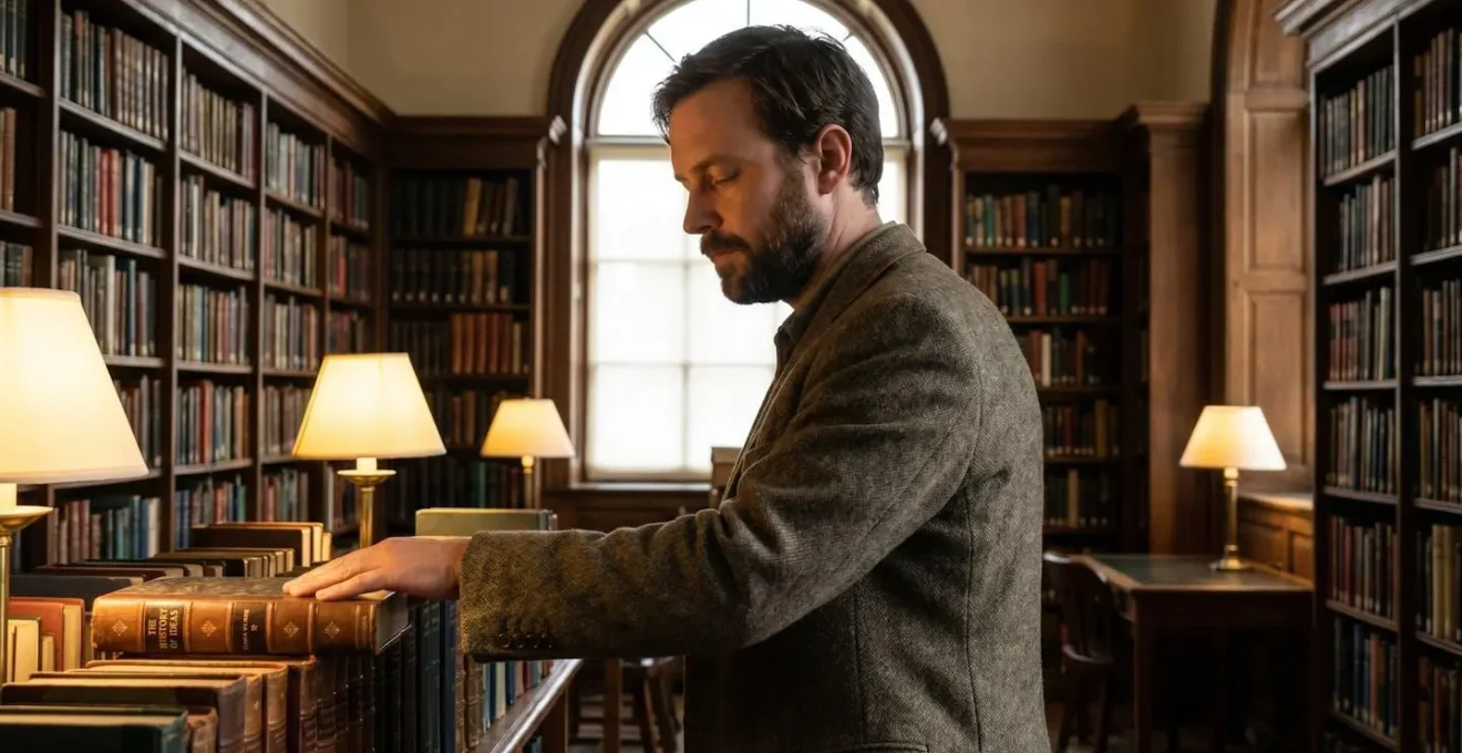 Homme debout dans une bibliothèque aux rayonnages chargés, lumière tamisée, posture pensive, symbolisant la confrontation avec les grandes idées philosophiques