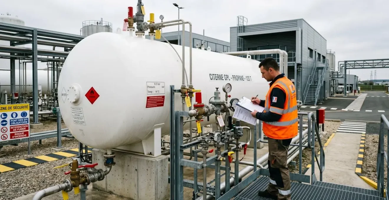 Installation professionnelle de stockage GPL avec grande cuve blanche et technicien en gilet haute visibilité effectuant une inspection dans un environnement industriel français contemporain