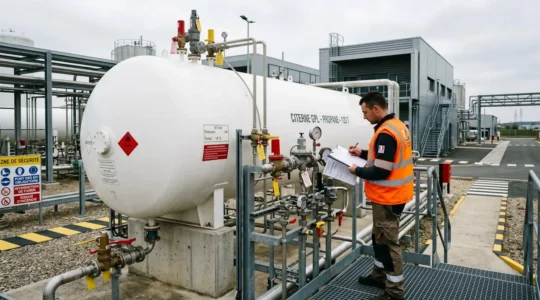 Installation professionnelle de stockage GPL avec grande cuve blanche et technicien en gilet haute visibilité effectuant une inspection dans un environnement industriel français contemporain