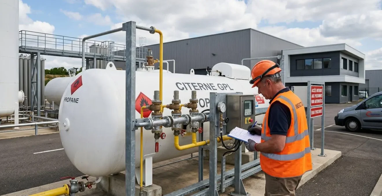 Installation professionnelle de stockage GPL avec grande cuve blanche et technicien en gilet haute visibilité effectuant une inspection dans un environnement industriel français contemporain