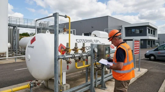 Installation professionnelle de stockage GPL avec grande cuve blanche et technicien en gilet haute visibilité effectuant une inspection dans un environnement industriel français contemporain