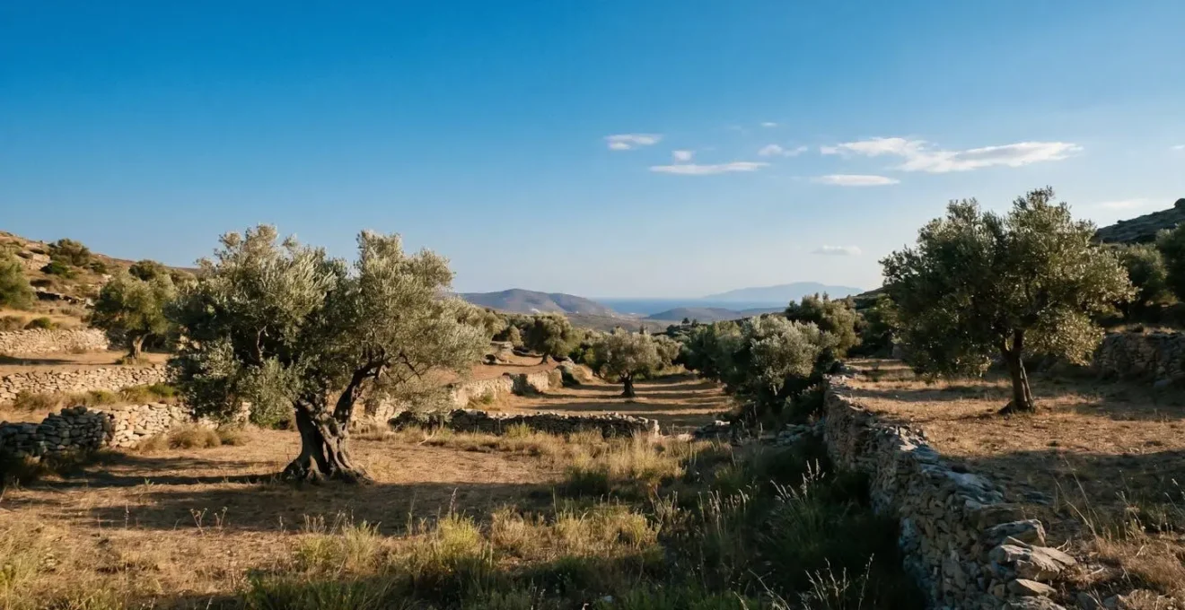 Paysage méditerranéen baigné de soleil avec des pierres sèches et des oliviers, évoquant l'héritage culturel grec et algérien de Camus