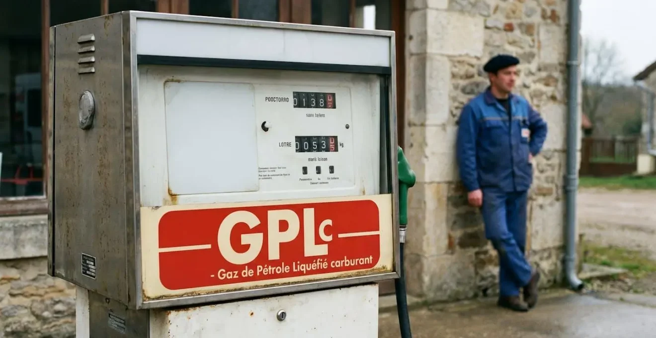 Pompe GPLc installée dans une station-service indépendante française, personnel en arrière-plan