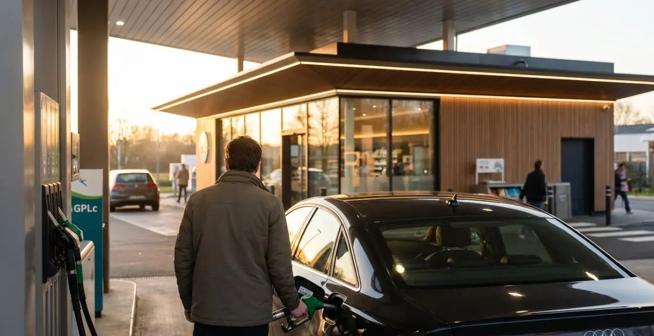 Conducteur faisant le plein de GPLc à une station-service moderne au crépuscule