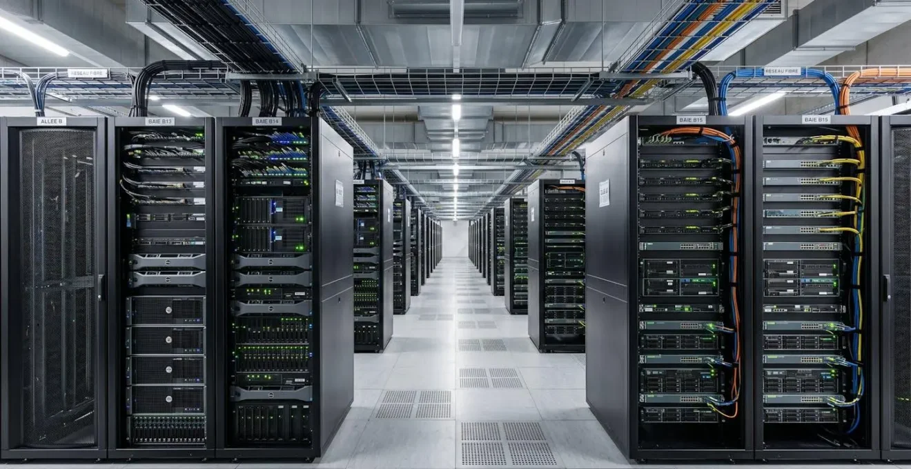 Allée de datacenter professionnel montrant rangées de baies serveurs avec câblage réseau structuré et indicateurs LED de statut actifs
