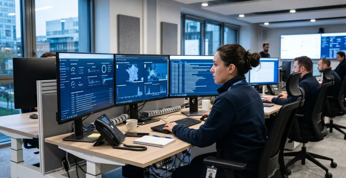 Analyste cybersécurité surveillant plusieurs écrans de supervision réseau affichant tableaux de bord de détection en temps réel dans un centre opérationnel SOC moderne en France