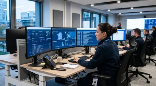 Analyste cybersécurité surveillant plusieurs écrans de supervision réseau affichant tableaux de bord de détection en temps réel dans un centre opérationnel SOC moderne en France