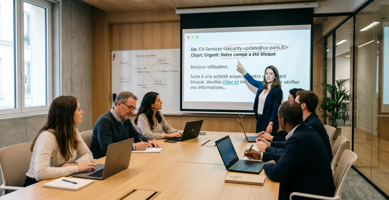 Formatrice présentant exemple concret d'email de phishing sur écran de projection à groupe de collaborateurs en session de sensibilisation cybersécurité en entreprise française