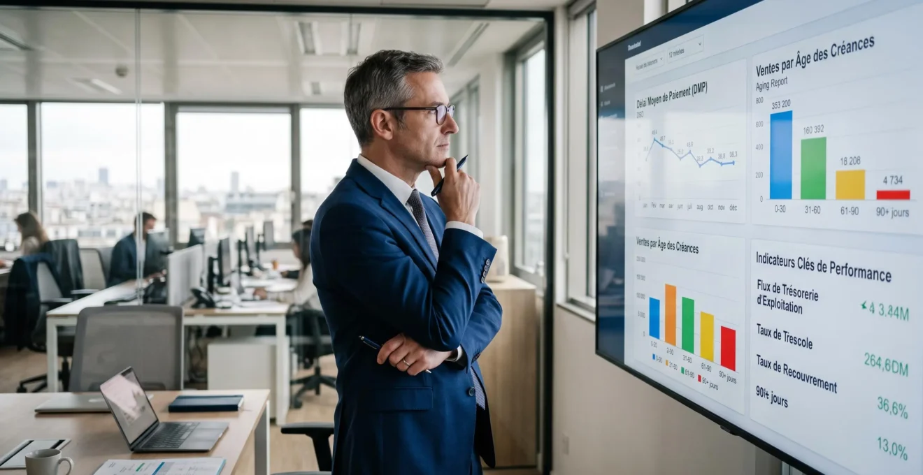 Directeur financier analysant les indicateurs de performance du poste clients et les tendances du DSO sur un tableau de bord