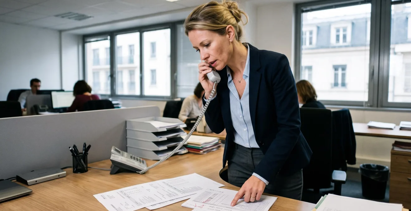 Responsable du crédit clients effectuant une relance téléphonique tout en consultant les factures et l'historique de paiement à son bureau
