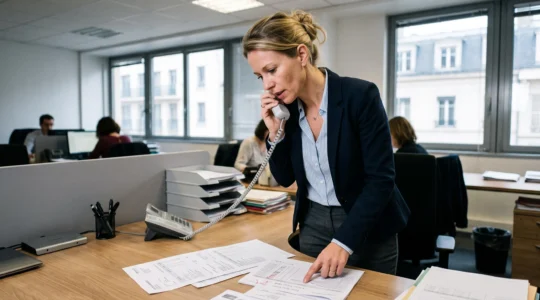 Responsable du crédit clients effectuant une relance téléphonique tout en consultant les factures et l'historique de paiement à son bureau