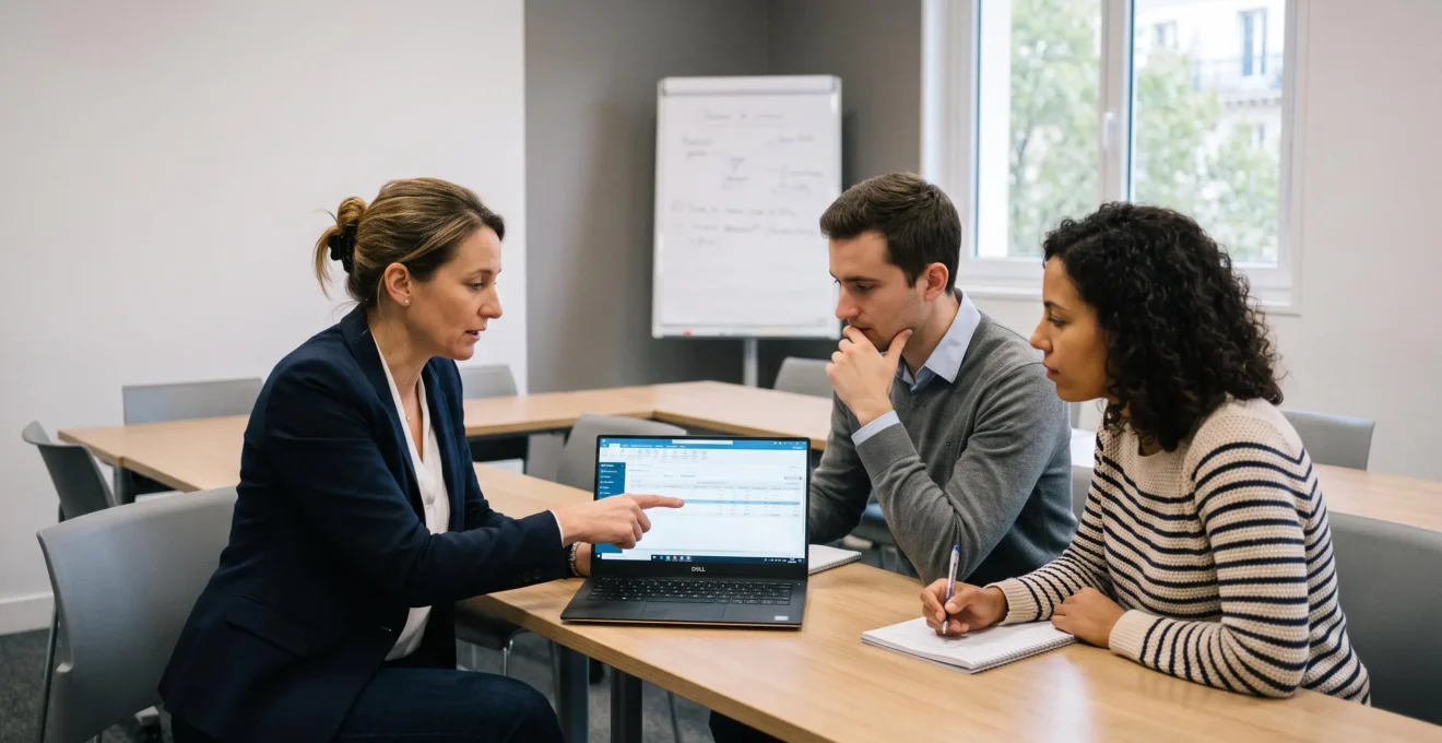 Session de formation montrant un formateur présentant un logiciel de gestion du crédit client à deux professionnels