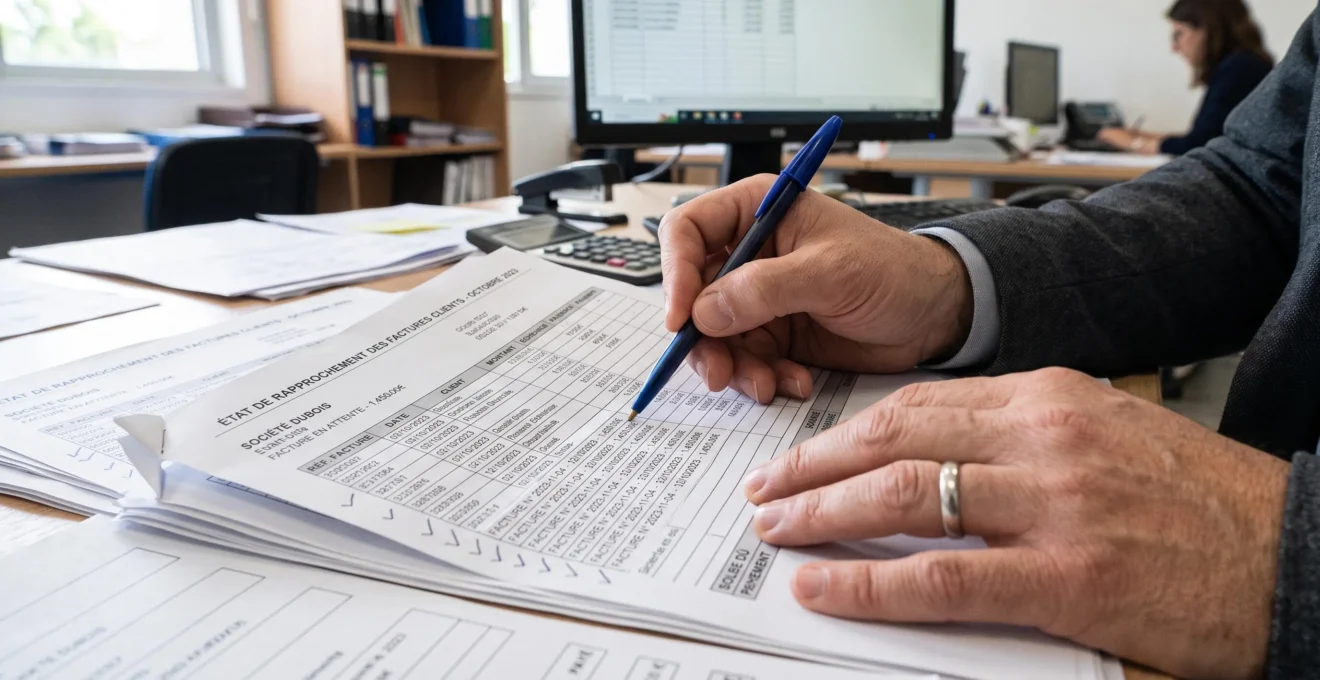 Mains d'un professionnel financier vérifiant et recoupant manuellement des factures clients avec des documents de suivi des paiements