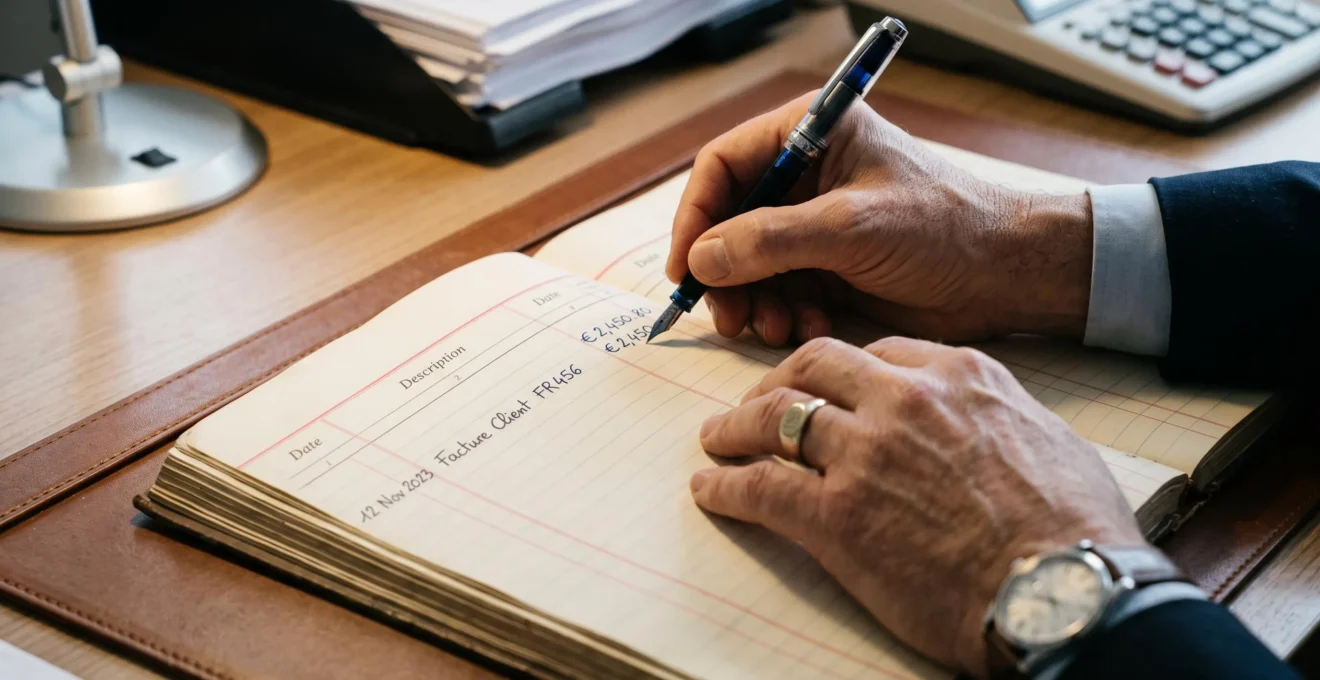 Mains saisissant les chiffres de la subvention dans les registres comptables.