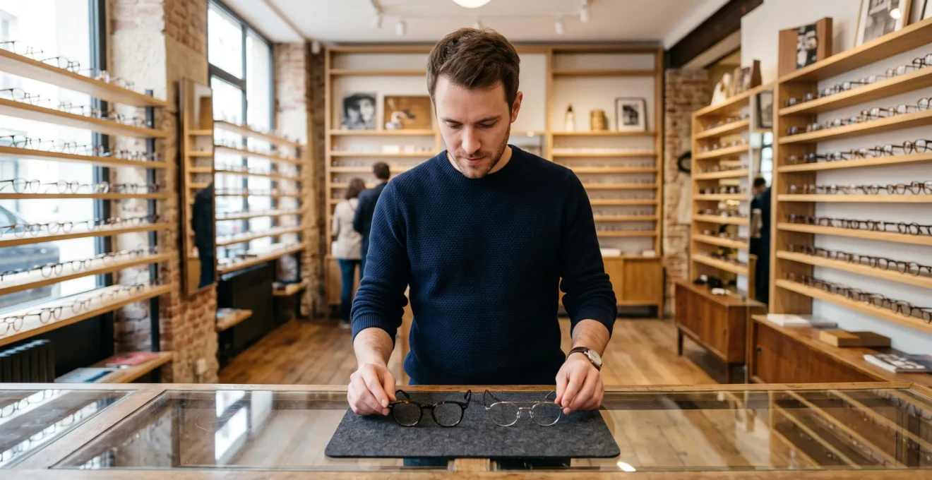 Un homme compare deux montures posées sur un comptoir d'opticien.