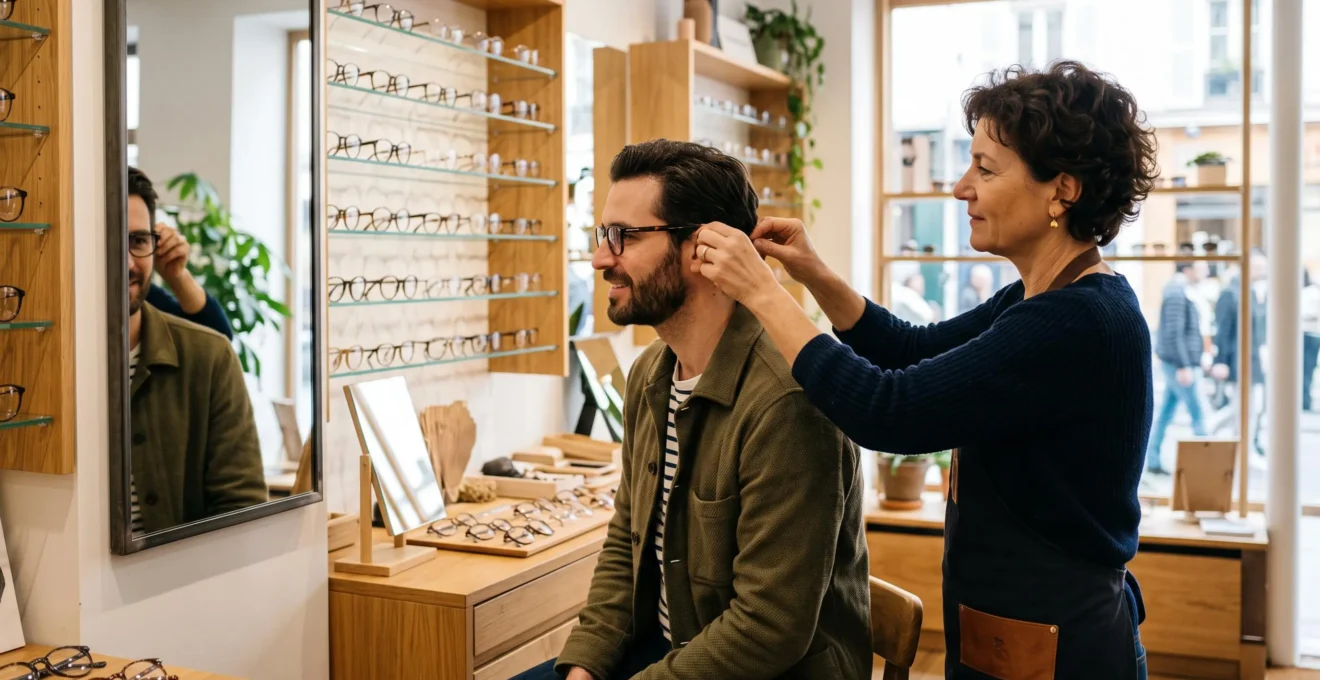 Un opticien aide un homme à essayer une monture devant un miroir en boutique.